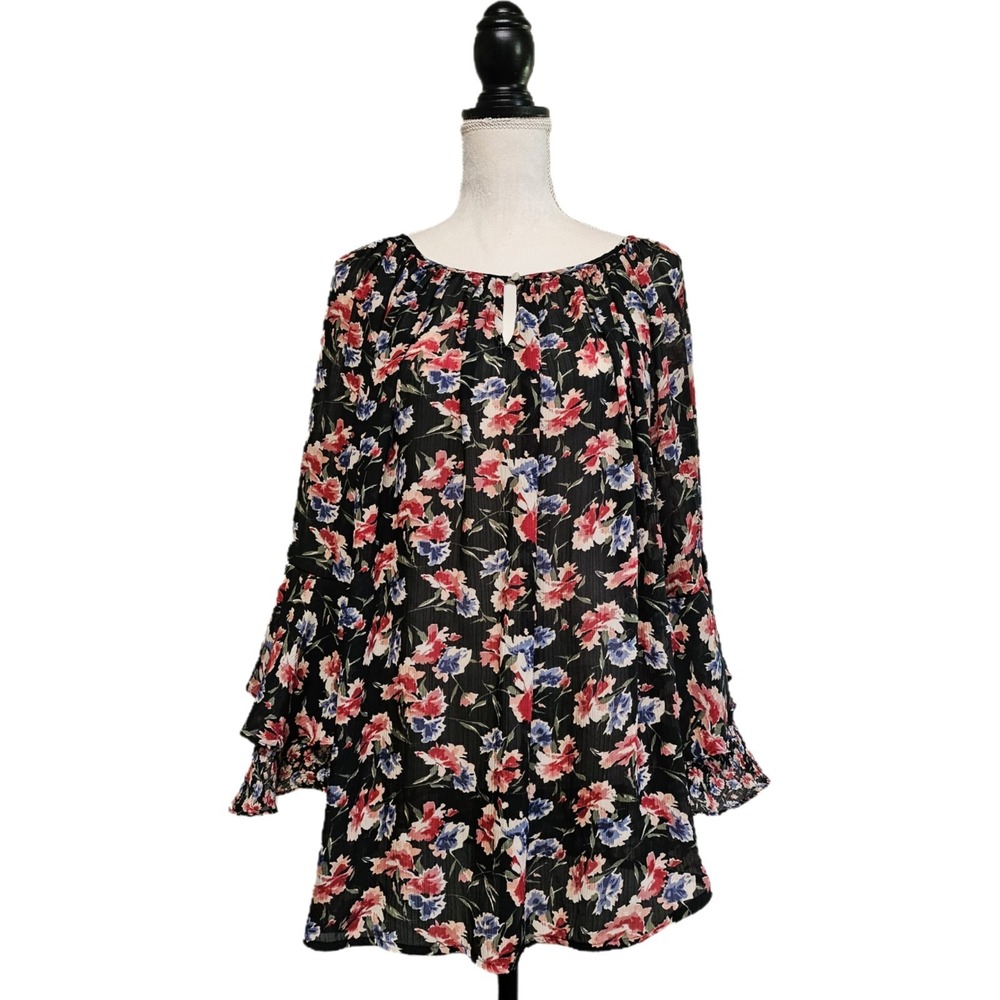 Chaps 2X‎ Black Floral Bell Sleeve Flowy Sheer Top Witchy Fairy Feminine